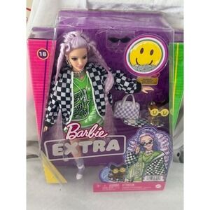 Barbie Extra Doll #18 Lilac Hair‎ Checkered Jacket Pet Dog Accessories NIB